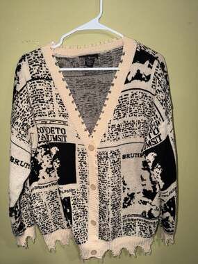 Runway Newspaper Print Distressed Knit Cardigan Sweater